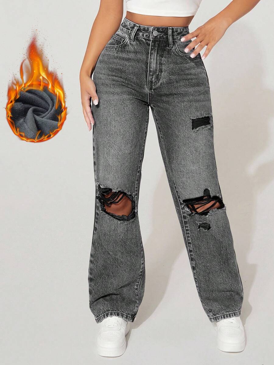 SHEIN PETITE 女士做旧时尚牛仔裤 - 灰色 - 查看 1