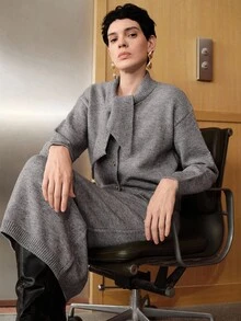 Uhlyne 女士简约教师装，时尚通勤风格，设计感十足，金色纽扣开衫搭配简约休闲A字裙，商务休闲两件套针织套装，秋冬 - 灰色 - 查看 2