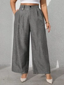 Vionelle Plus Size Women's Solid Color Front Button Flared Pants Linen Pants For Women Pants For Women High Waist Pants Wide Leg Pants Grey Pants - Dark Grey - View 4
