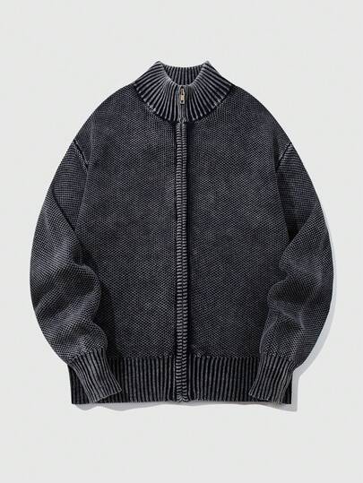 Street Life Men's Casual Washed Knit Cardigan, Autumn/Winter, Grunge Style