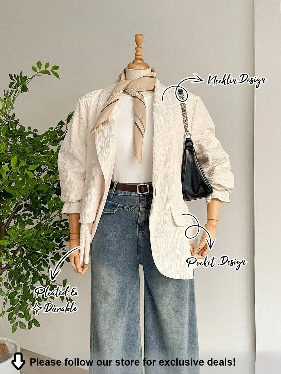 SHEIN LUNE Plus Size Single-Breasted Blazer For Women In Autumn And Winter, Suitable For Commuting, Autumn Casual Commuting Suit Jacket, Versatile Single Item, Apricot Suit Jacket, Women's Casual Waist-Length Long-Sleeved Lapel Thin Suit Jacket, Apricot, Autumn And Winter Old Money, Simple & Fashionable New Year Thanksgiving For Women Texture Fabric - Beige - View 1