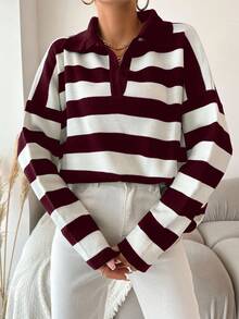 EURMUSE Plus Size White Pattern Drop Shoulder Polo Neck Drop Shoulder Sweater Back-To-School Formal Graduation Autumn Casual - Burgundy - View 5