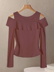 GlowEve Women's Solid Color Button Design Off-Shoulder Long Sleeve Fashion T-Shirt - Redwood - View 2