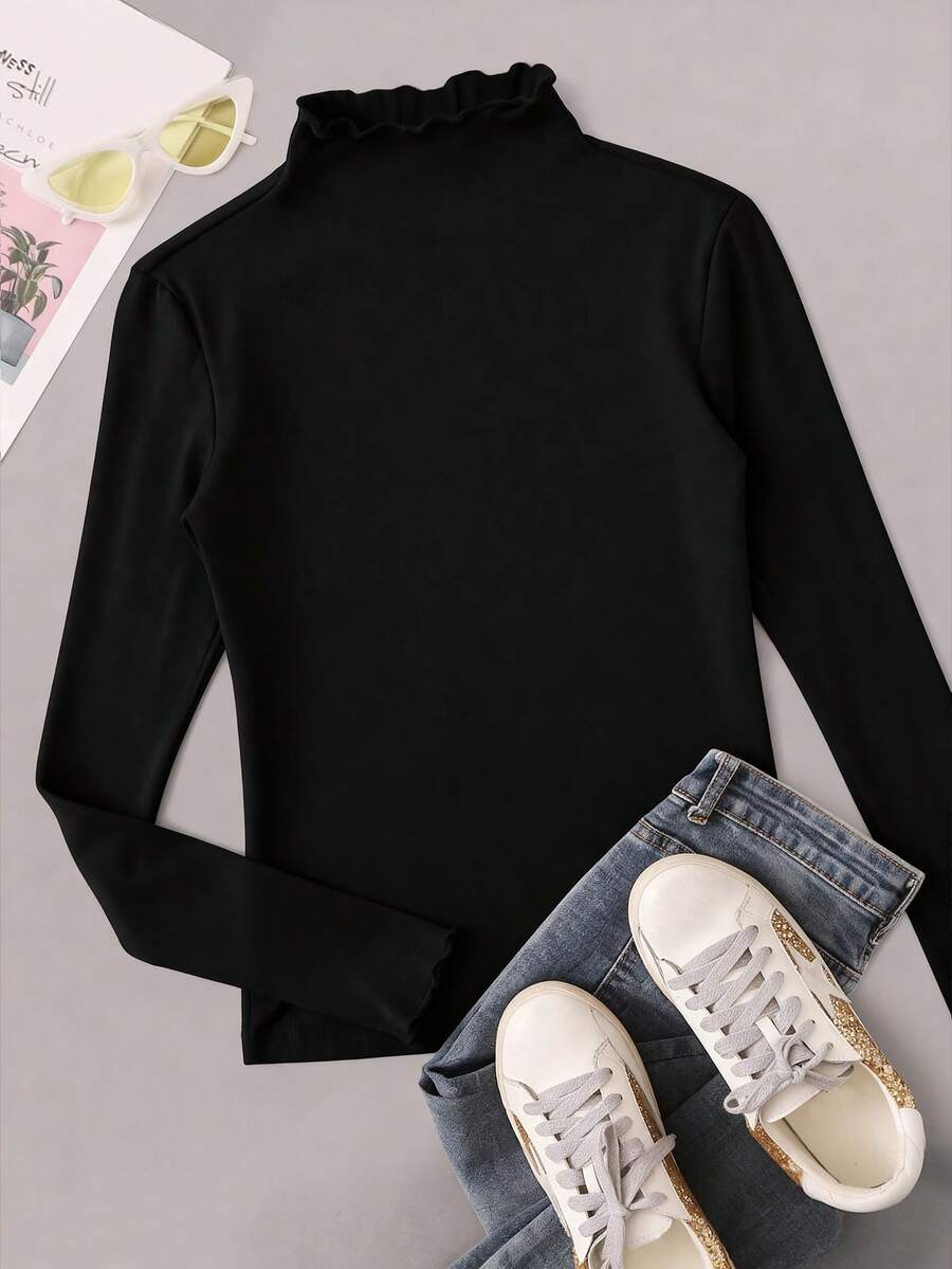 SHEIN EZwear Plus Size Solid Color Crew Neck Long Sleeve Casual T-Shirt/Fall/Winter - Black - View 1