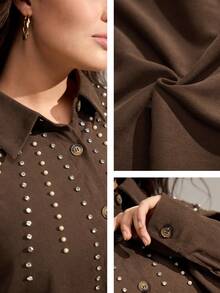 Momelise Plus Size Solid Color Bubble Bead & Rhinestone Embellished Business Casual Party Jacket, Autumn/Winter - Brown - View 8
