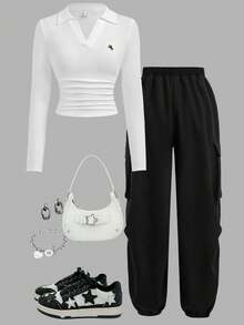 SHEIN Girlism 少女纯色宽松休闲紧身工装裤和翻领T恤套装 - 黑與白 - 查看 1