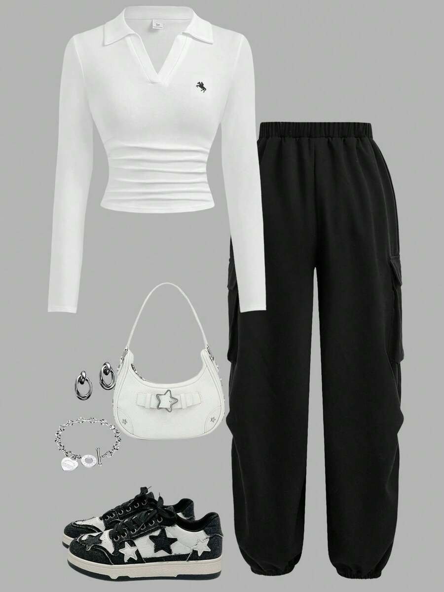 SHEIN Girlism 少女纯色宽松休闲紧身工装裤和翻领T恤套装 - 黑與白 - 查看 1