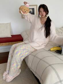 DAZY V-Neck Loose Knit Long Sleeve Top & Pants 2 Pieces Lounge Set For Women, Casual Loungewear For Autumn/Winter, Cozy Outfit Thermal Lined Clothes - Pink - View 8
