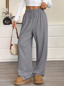 SHEIN EZwear Quần nỉ dài tay dáng rộng màu xám có dây rút eo cỡ lớn dành cho nữ - Xám - Xem 5