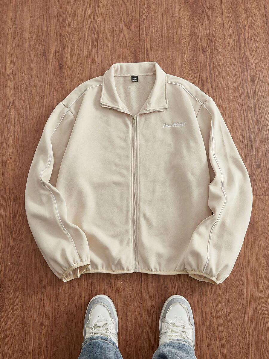 Mainfolk 男士保暖內裡休閒標準尺寸拉鍊刺繡夾克外套杏色 春/秋季 秋冬穿著 字母款 戶外 - 杏色 - 查看 1