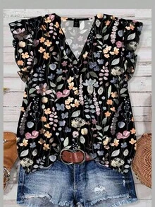 SHEIN LUNE Áo sơ mi nữ họa tiết hoa thường ngày, phù hợp cho mùa hè - màu đen - Xem 2