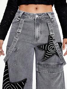 ROMWE Grunge Punk Plus Size Women Punk Distressed Washed Star Patch Loose Cargo Wide Leg Pants - Light Grey - View 6