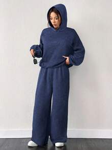SHEIN EZwear 海军蓝加大码长袖连帽衫和裤子两件套 - 藏蓝色 - 查看 4