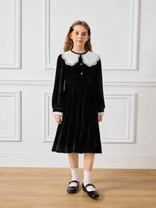 优雅简约长袖白色蕾丝边女童连衣裙 - 黑色 - 查看 4