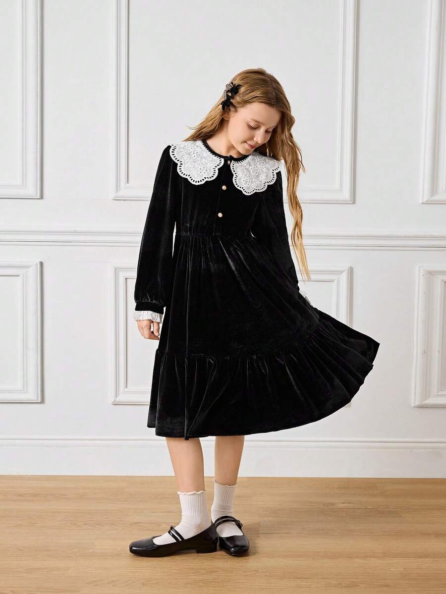 优雅简约长袖白色蕾丝边女童连衣裙 - 黑色 - 查看 1