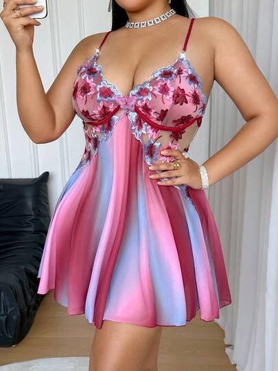 SHEIN Rainbow Ombre Print Mesh Floral Embroidery Patchwork Backless Plus Size Women Camisole Nightgown