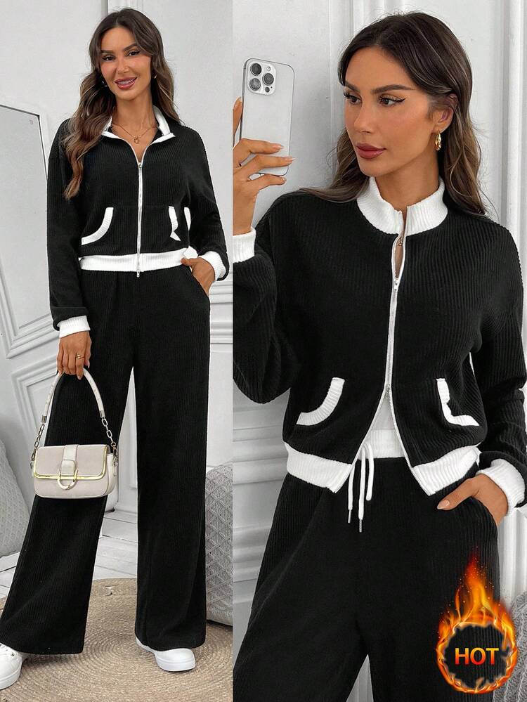 Women's Autumn Contrast Color Zip Front Jacket And Pants Casual 2 Pieces Set  Elegant Women's Set  Casual Sets For Women Fall Clothes For Women Autumn Outfits For Women