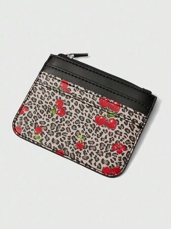 Grunge Punk Portacard da donna vintage con stampa leopardata e a ciliegie su tutta la superficie, porta monete