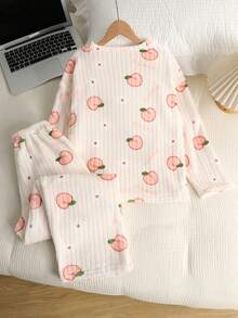 SHEIN 青少年女孩宽松休闲简约舒适桃色图案圆领套头衫和裤子羊毛厚睡衣套装 - 彩色 - 查看 2