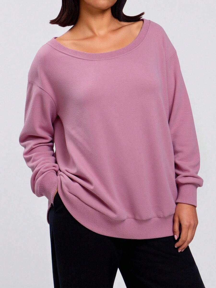 EURMUSE Sudadera holgada de manga larga con hombros asimétricos - Rosa - Ver 1