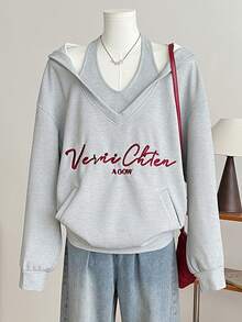 INAWLY 女式华夫格针织刺绣字母连帽套头衫秋季 - 灰色 - 查看 5