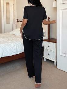 SHEIN 女士纯黑色长裤睡衣套装，短袖，休闲风格，女士睡衣套装，撞色饰边