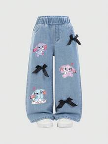 SHEIN ChillGRL Young Girls Casual Fashion Sweet Rabbit Print & Bowknot Design Mid-Blue Washed Straight Leg Jeans, Cute Girls Versatile Denim Item - Medium Wash - View 3