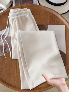 Franclia Quần ống đứng cạp chun rút màu trơn dành cho nữ, lót giữ nhiệt cho mùa thu/đông - Màu be - Xem 4