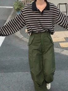 FRIFUL 女式休闲纽扣落肩条纹T恤，秋季长袖上衣 - 黑色 - 查看 6