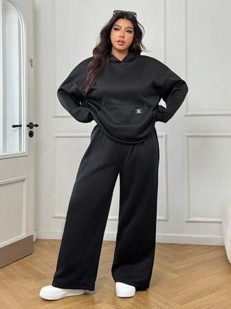Solflare Plus Size Black Long Sleeve Hoodie And Pants 2 Pieces Set, Autumn/Winter 2 Pieces Lounge Sets Woman Hoodie And Sweatpants Set 2 Pieces Casual Sets Woman Comfortable Two Pieces Set