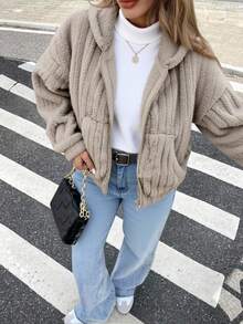 SHEIN Explorewe Chaqueta con capucha reversible de forro polar para adolescentes, cálida para actividades al aire libre, cómoda y acogedora para otoño/invierno - Caqui - Ver 3