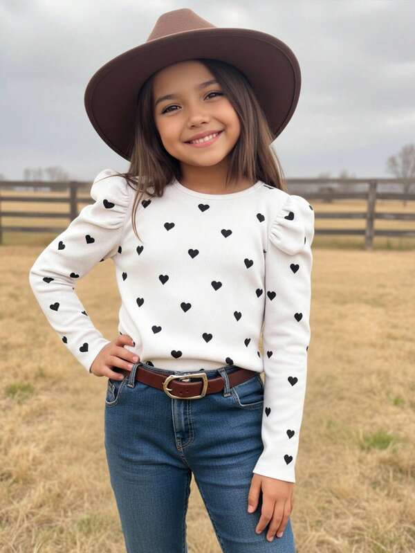 Emery Rose Kids Emery Rose Kids Tween Girls Long Sleeve Top, Girls Heart Print Puff Sleeve Fitted Long Sleeve Blouse, Spring/Autumn, Comfortable & Versatile, Fashionable & Cute, Suitable For Daily Outings, Vacations, Family Gatherings, Fashion Events, School, Perfect Christmas & Birthday Gift Long Sleeve Girls Top Long Sleeve Shirts Girls Tween Girl Clothes Long Sleeve Girls White Heart Print Long Sleeve Ruffle Shoulder T-Shirt With Round Neck For Casual Wear