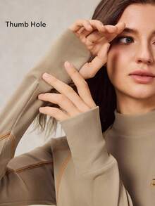 OutZeal Camiseta deportiva de manga larga con cuello alto, ajuste ceñido, de forro polar suave y cálido para mujer, ideal para senderismo y acampada en otoño e invierno - Caqui - Ver 3