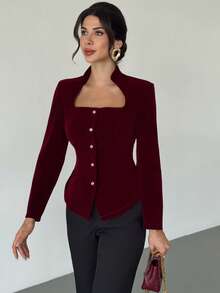 Firerie 女士优雅精致浪漫通勤休闲时尚新款街头风立领龙纹镂空金属扣腰A字下摆长袖酒红色衬衫，圣诞节，红色上衣，圣诞节 - 酒紅色 - 查看 7