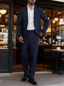 Manfinity Bizformal بدلة رجالية كاجوال طويلة الأكمام وبنطلون، مجموعة من قطعتين - أزرق غامق - مشاهدة 3