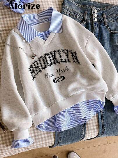 青少年女孩运动衫，休闲学院风百搭，二合一运动衫衬衫领数字和字母印花豹纹宽松