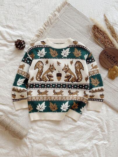 Sparklyn 少女松鼠、秋叶和雪花嵌花针织休闲套头衫，柔软面料，适合圣诞派对、学校、户外玩耍、家居服、雪地玩耍，秋冬畅销品
