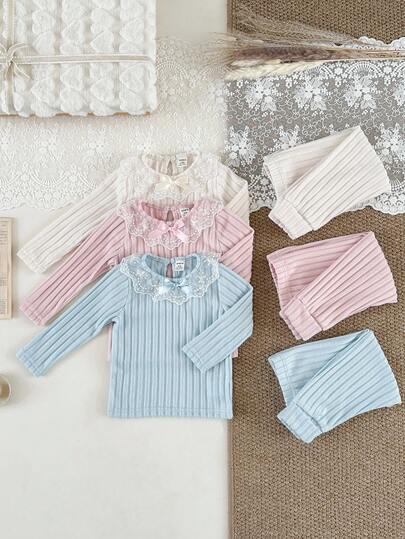 SHEIN 3 件套女婴秋冬简约 INS 风格针织罗纹上衣，荷叶边领，松紧腰裤套装，柔软舒适，适合休闲穿着或送礼