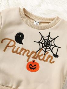 2pcs Baby Boy/Girl Khaki Soft Round Neck Long Sleeve Sweatshirt With Spider Web, Cute Ghost, Pumpkin Embroidery, All-Match Versatile Fashion, Suitable For Casual Wear, Autumn/Winter Halloween Sweatshirt Set Tracksuits Halloween Clothes Pumpkin Baby Outfit Baby Halloween  Fall Baby Outfit Baby Outfit Autumn Halloween Baby Outfit - Khaki - View 3