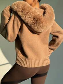 SHEIN Dewbera 女士仿毛领长袖连帽针织开衫，舒适棕色秋季开衫 - 卡其色 - 查看 6