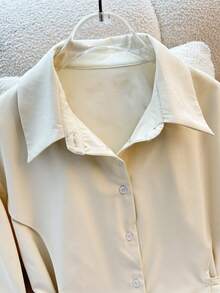 INAWLY Women's Casual Solid Color Cinched Waist Shirt - Apricot - View 8