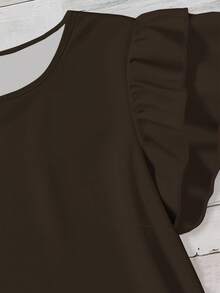 EMERY ROSE Plus Size Summer Casual Solid Color Ruffle Trim Shirt - Brown - View 6