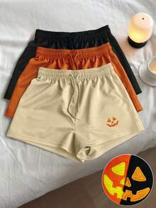 SHEIN Quần short nữ tối giản thêu hình bí ngô Halloween, quà tặng cho bạn bè - màu đen - Xem 1