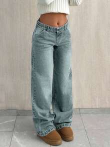 EURMUSE Quần jean ống đứng lưng thấp rộng rãi - Màu xanh nhạt - Xem 3