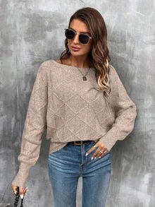 EMERY ROSE Women's Casual Batwing Sleeve Boat Neck Loose Knit Sweater, Autumn/Winter - Apricot - View 4