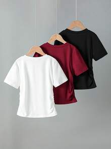 3pcs Girls' Bow Print Waist Short Sleeve T-Shirts, Grey, Pink, Black - Burgundy - View 2