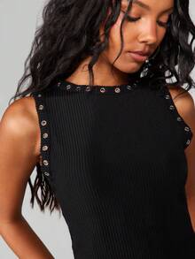 MISSGUIDED Black Ribbed Knit Tank Top With Metal Eyelet Trim Detail For Casual Everyday Wear - Black - View 6