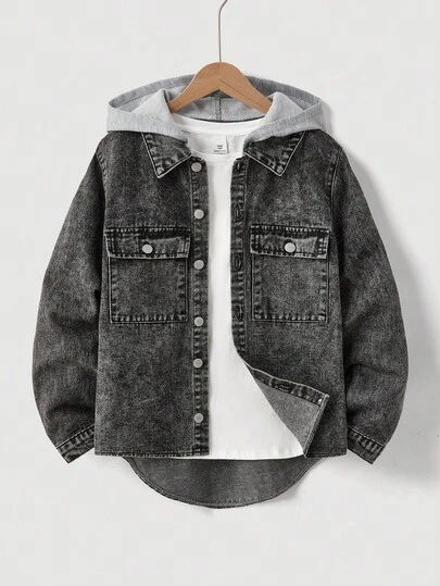 SHEIN 青少年男孩时尚休闲复古Y2K老钱风灰色针织连帽拼接黑色牛仔宽松外套，柔软舒适，适合日常穿着，也适合春夏锐舞节和海滩活动。