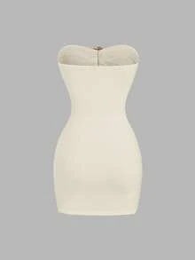 Sweetra 女式性感修身露肩迷你连衣裙，配金属扣 - 杏色 - 查看 2