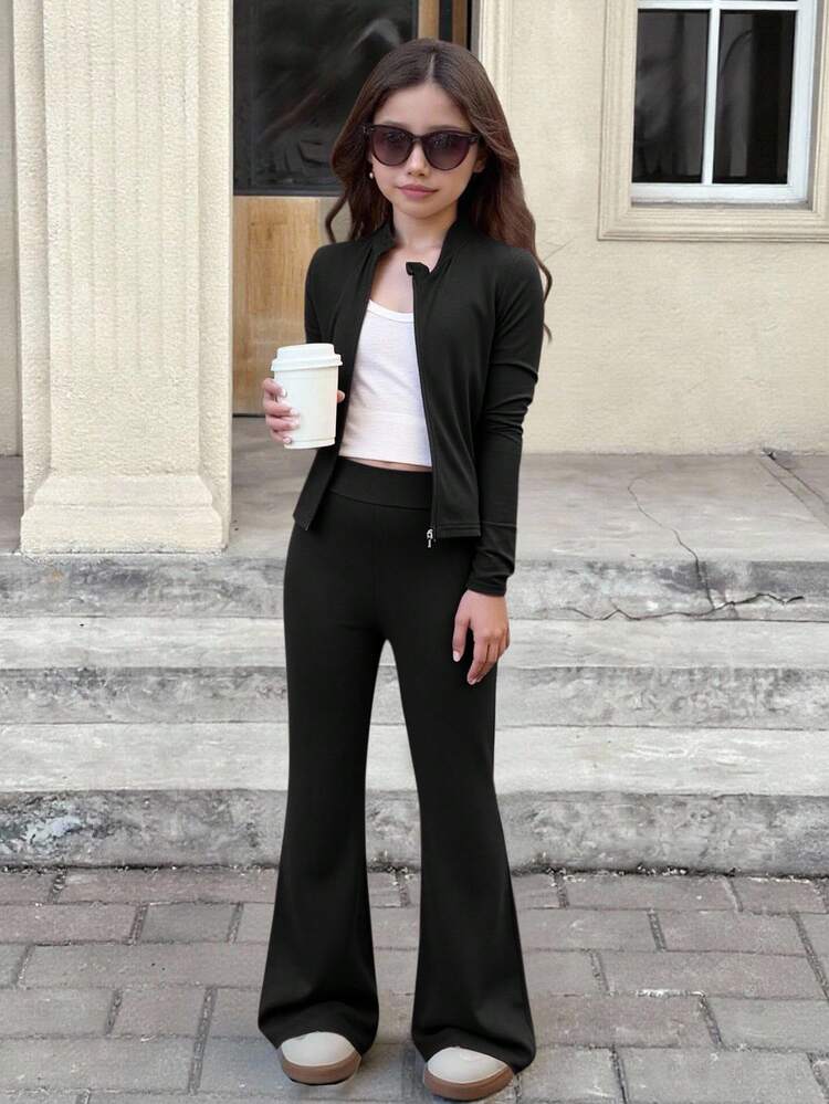 Conjunto de 2 piezas para niñas preadolescentes con top de manga larga de unicolor y pantalones acampanados, adecuado para otoño/invierno, uso diario - Negro - Añade 1